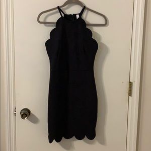 Scalloped faux suede black party dress